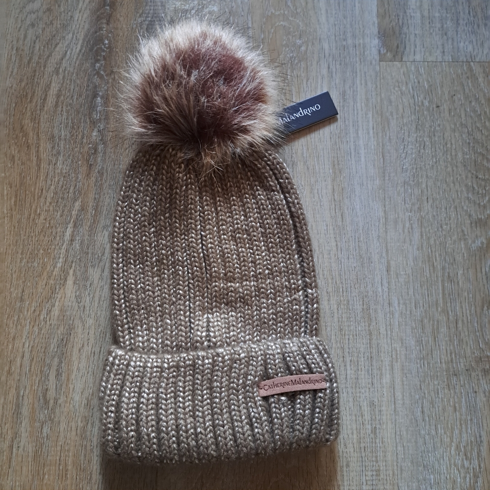 Catherine Malandrino Olive Green Tan Specks Knitted Beanie Soft Pom One Size New